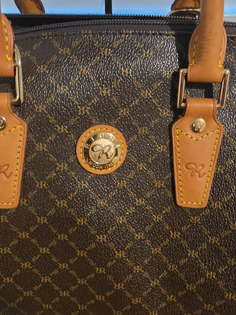 RIONI Brown Monogram Satchel Handbag with Tan Trim